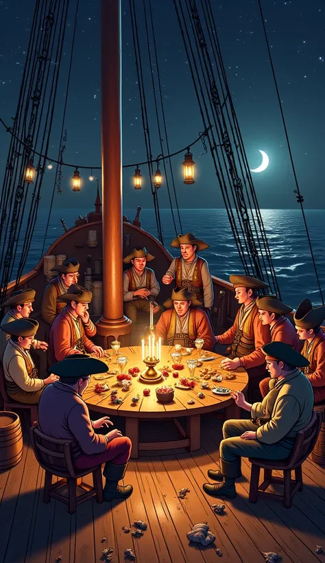 The 3d style digital illustration depicts a lively pirate party on the deck of a rickety wooden ship at night. The ship's deck was filled with pirates with a variety of distinctive looks: some wore loose shirts with leather vests, striped trousers, and hig...