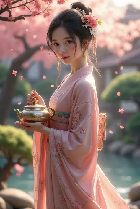 a beautiful woman carrying a teapot