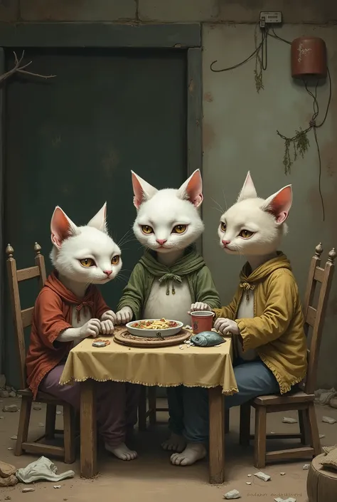 White cat with his two parents is dining together in a rundown house, they ate one fish, their shirt is ripped to shreds, her daddy's body is skinny, his mother is pregnant