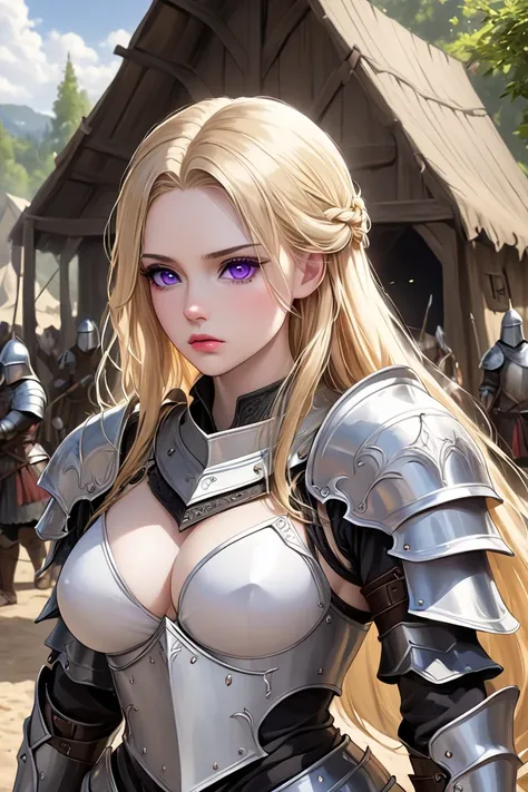 (masterpiece, best quality, 8k, high definition), whole body, 1 woman, white skin, long blonde hair, mid-chest, violet eyes, soft lips, beautiful face, natural light, detailed background, detailed illustration art, wearing sensible white/black fantasy armo...