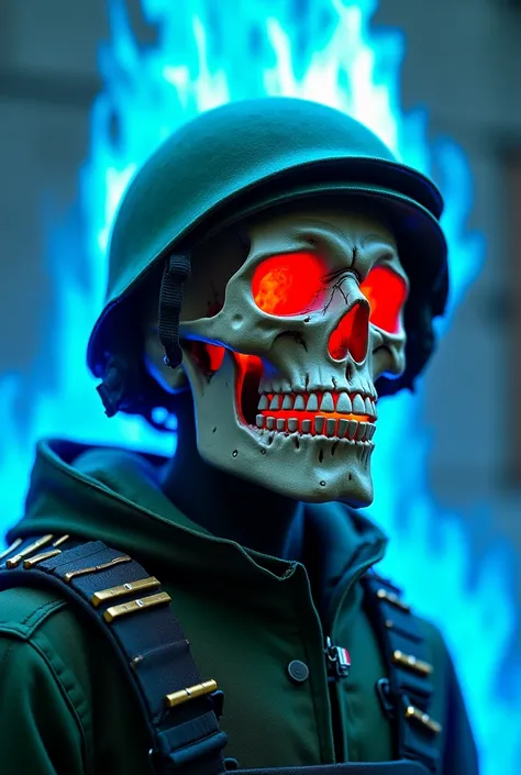  A skull soldier with a green helmet opening his mouth of bones looking at the front and up and in a helmet that wears a small flag of Mexico and around him is of intense blue fire all around him and also the one who can see the helmet. And the suit of a s...