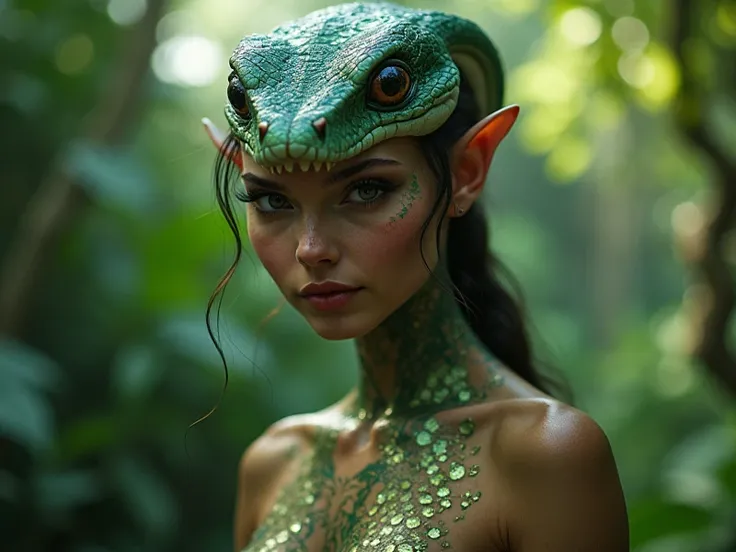 A sleek, iridescent-scaled girl with a blend of human and serpent features—soft cheeks, venomous fangs, and hypnotic, bulging eyes. Subtle smirk, showing fangs. She stands in a lush, overgrown garden, gazing directly at the viewer. Ethereal glow, photograp...