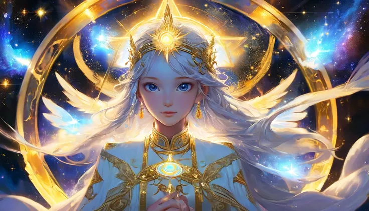 A divine figure with shining eyes, radiating celestial energy, symbolizing the ability to see hidden truths. Their face shines with blue and gold light, with an activated third eye and spiritual signs. Dressed in a mystical robe with ancient symbols, they ...