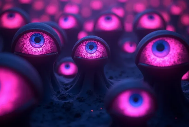 A surreal, neon-colored background featuring multiple glowing eyes in shades of pink, purple, and blue. The eyes are outlined with bright electric hues, giving a cyberpunk and futuristic aesthetic. The composition creates an eerie and hypnotic effect, as i...