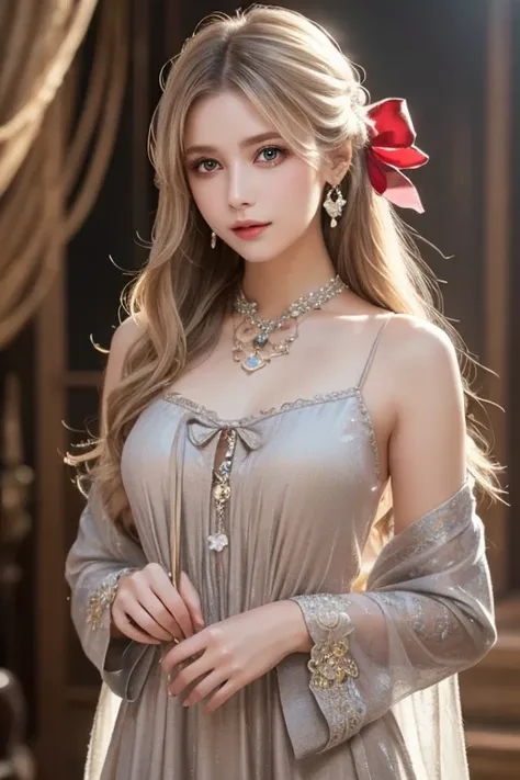  One Girl ,  long hair, Light Hair Color,  enchanting eyes,  Mysterious Expressions , Mature Appearance, Attractive dress,  Relaxed Dress, Graceful Jewels , Intricate decoration, Magic symbols, Glowing Accessories,  potion , Scroll, Cute accent, bow, ribbo...