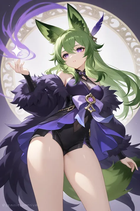  fox ears、 green hair、 long hair、Fox Tail、purple eye hooded feather coat、 best thighs、 Genshin、