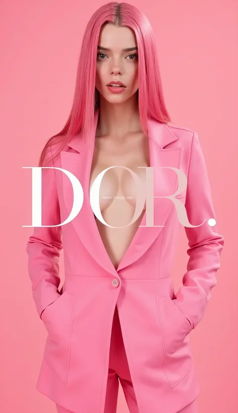 Anya Taylor Joy, long straight hair, pink color hair, flirthy, she is wearing a open pink blazer that reveals her body while modestly covering her chest, not wearing bra, sexy, nice cleavage

Create a visually striking fashion advertisement for the brand "...