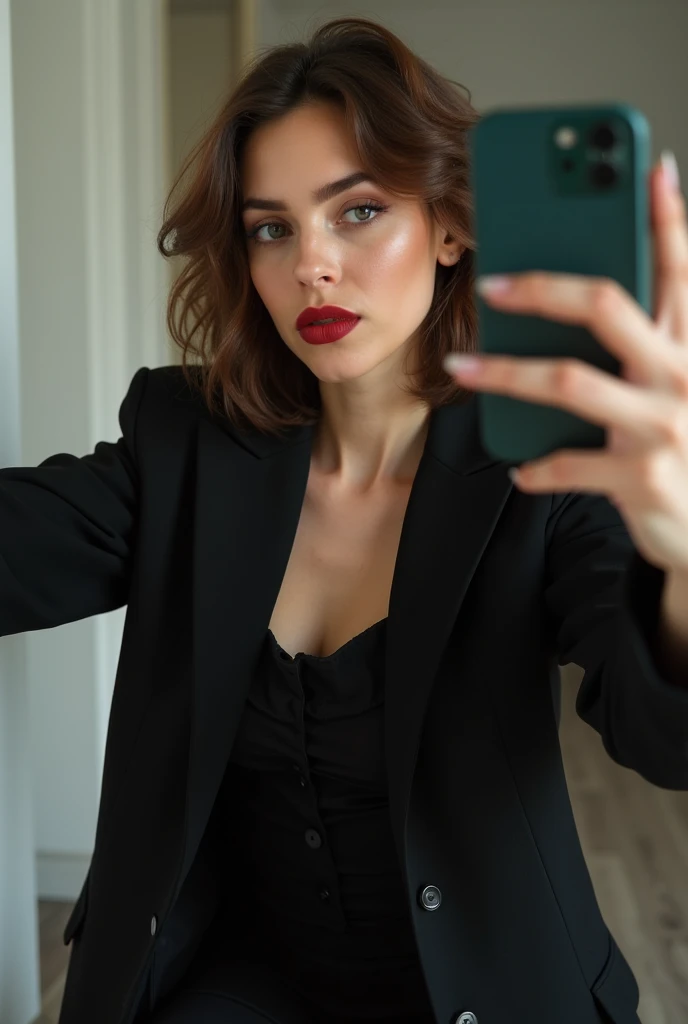 a young woman with medium brown hair , hairstyle with soft waves .  She wears a black blazer over a black blouse and black tights .  She is taking a selfie with a dark green mobile phone.  Her makeup is subtle ,  with a well-defined eyeliner and a matte re...