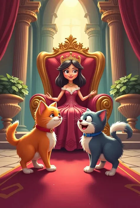 Animation, artwork, theme is "cat vs dog: battle royale", a cat and a dog compete for cuteness, a cat and a dog compete for cuteness to sit on the lap of the human queen and be loved by the queen, comical and cute, luxurious palace throne, cartoon style