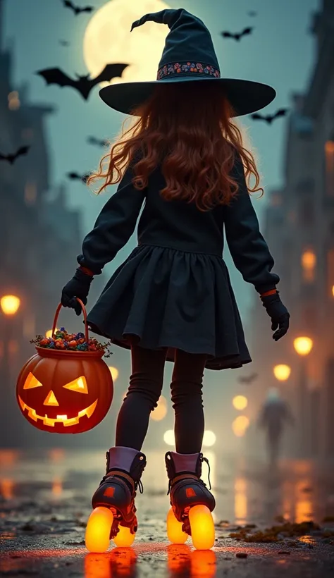 Pretty girl in witch clothes,  using inline skates with glowing luminous wheels, Pumpkin-shaped basket full of candies hanging in the hand,  gloves and knee pads , Full Moon Church, pumpkins, calaveras, realistic bats,  moving at speed in the city at night...