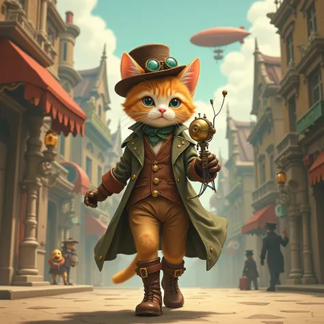 Depict an anthropomorphic kitten confidently walking on two legs through a lively city reminiscent of Hayao Miyazaki’s universe. The kitten is dressed in elegant steampunk attire: a long coat with brass buttons, leather boots with straps, a top hat with go...