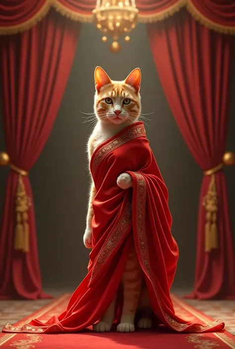 Light orange tall cat wearing red saree standing on stage in style 