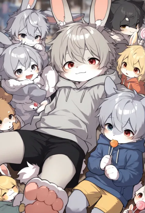 Dwarf rabbit boy，furry boy， grey hair， toddlers，Hooded Sweatshirt ， shorts，Lollipop