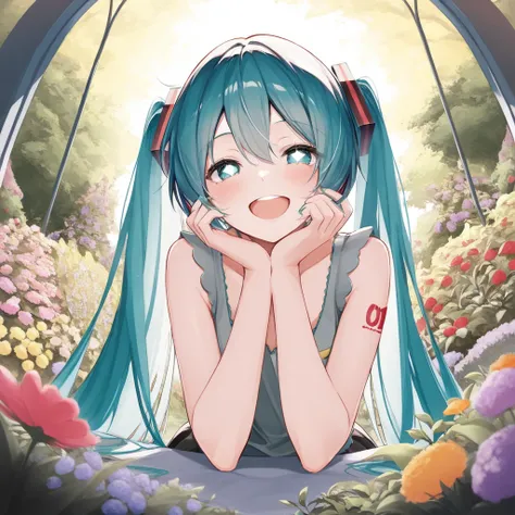 best quality, masterpiece, detailed background, expressive eyes, 1girl, girl, miku, hatsune miku, vocaloid, happy, garden, 