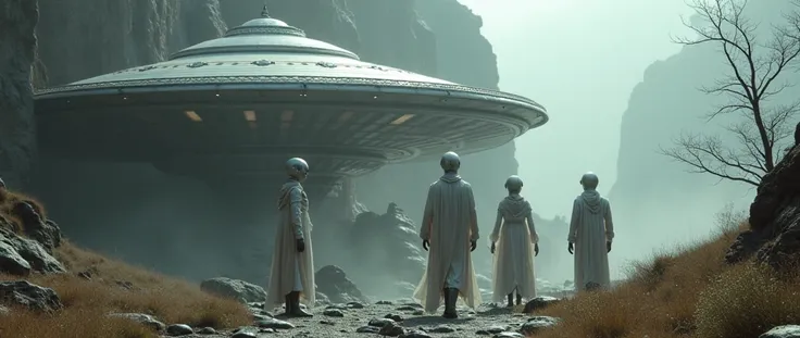 realistic scene of Nordic aliens from the Pleiades wearing silver suits next to their flying saucer