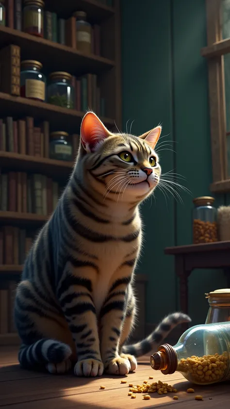 A  male simply tabby cat expresses curiosity, sniffing the air, a room full of medicine and spell books, realistic style, the cat knocks over a medicine bottle, spilling its saliva.