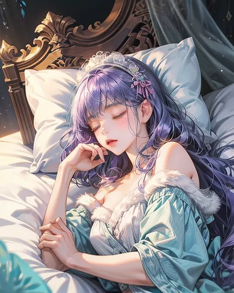 A cute Thai girl in Lolita style with bright blue and purple hair is sleeping in a small bed. Her body is fluffy and her eyes are closed. Her fur is a soft brown with white spots. Her small bed is warm pink. There are soft pillows around her and a blanket ...