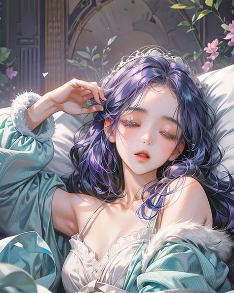 A cute Thai girl in Lolita style with bright blue and purple hair is sleeping in a small bed. Her body is fluffy and her eyes are closed. Her fur is a soft brown with white spots. Her small bed is warm pink. There are soft pillows around her and a blanket ...