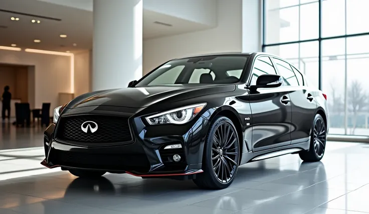 Front side view of the new Infiniti Q50 black Sport in shining color standing in a stunningly modern and we'll lit showroom