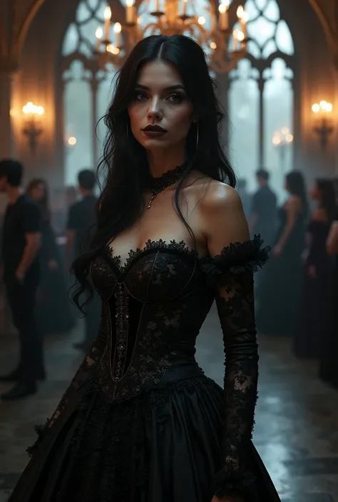 CREATE AN IMAGE THAT SAYS GOTHIC PARTY WITH A BEAUTIFUL WOMAN IN GOTHIC COSTUME