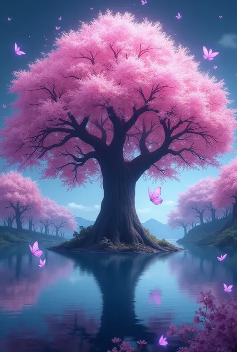 There is a large tree with pink flowers in the middle of the lake, Cherry Blossom Forest,  Anime Background  art, Cherry Tree, Magic Tree,  Anime Background ,  fantasy tree ,  Anime Art Wallpaper 4K,  anime art wallpaper 4k , Cherry Tree,  Colorful Animate...