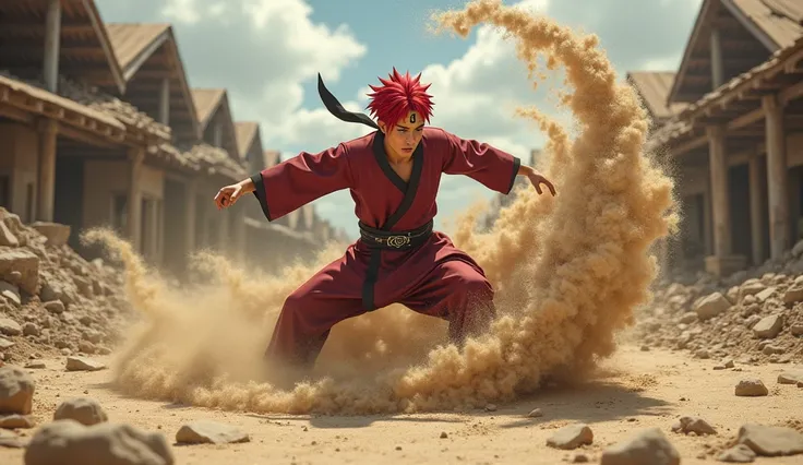 A man dressed in a red-haired gaara costume on his cheek bears the inscription of an adult sunagakure issuing a wave sand kick,Set in a ruined village