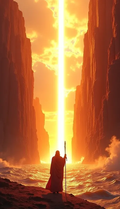  Amazing scene as the Red Sea split with a beam of divine light from the sky.  The high waves resembled giant walls on both sides , reflects the golden light from the sky .  The Prophet Moses stood in front with his staff raised ,  while the ren of Israel ...