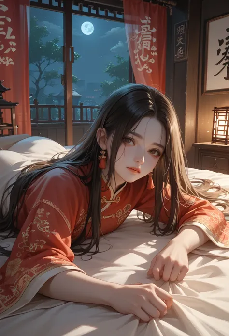 " ancient Chinese style ",  the girl has dark long hair ,  brown eyes, a sharp face with a birthmark on the forehead ,  very much ,  traditional Chinese streetwear, black and gold ,  inside the Chinese room ,  girl lying on bed , Night, there is a screen b...