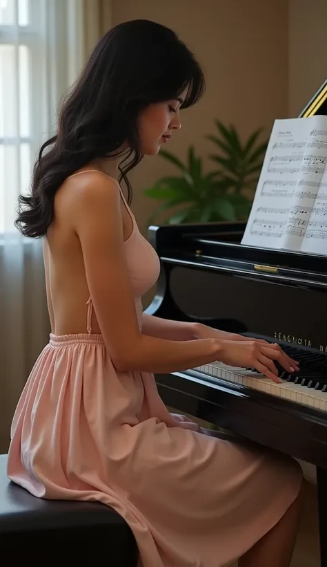 Sheet music piano class grand piano piano chair pianist, beautiful hands and fingers, elegant, black hair, slender, age about 30, good growth, healing, E cup, beautiful big breasts, femininity, pastel color skirt look