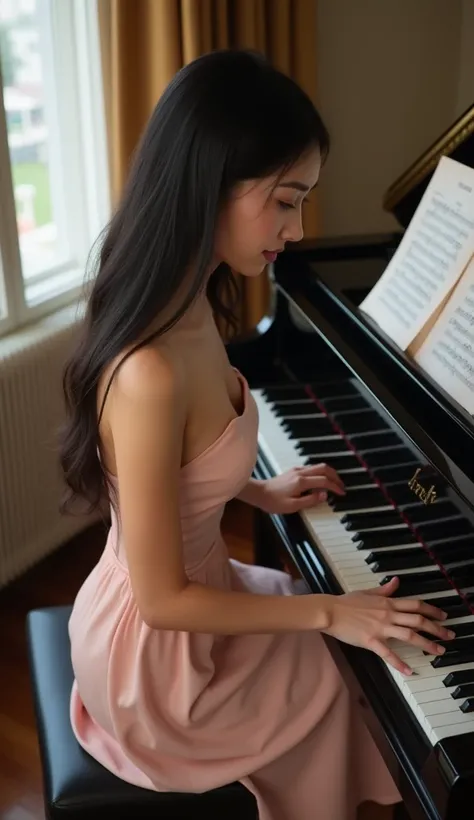 Sheet music piano class grand piano piano chair pianist, beautiful hands and fingers, elegant, black hair, slender, age about 30, good growth, healing, E cup, beautiful big breasts, femininity, pastel color skirt look