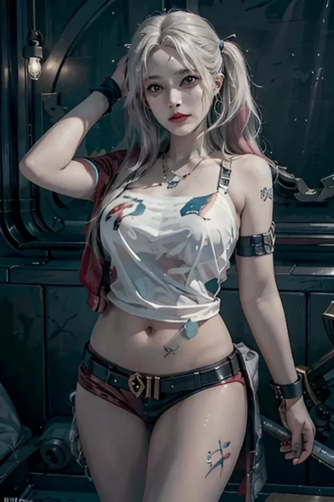 photorealistic, high resolution, soft light,1women, solo, hips up, (detailed face), jewelry, harley quinn costume, jewelry, tattoo