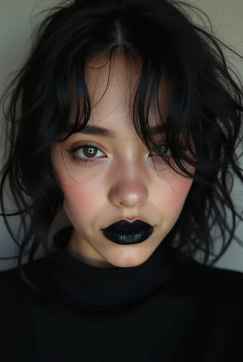 A teenager who’s 17 taking a selfie, with black lipstick with midnight black hair and mix skin