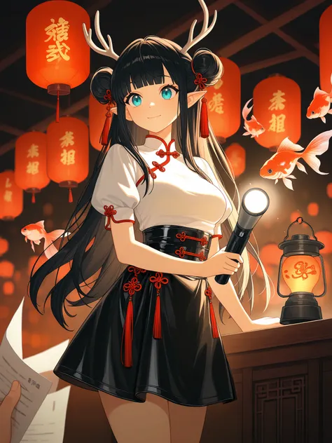 1 girl, Alone ,  long hair, blue eyes,  black hair, aqua eyes, happy,  closed mouth , Medium Breasts,  hair bun ,  double bun , antlers, blunt bangs , looking at extremely detailed , looking at a flashlight , ,  holding flashlight ,lean, shirt, skirt,  Lon...