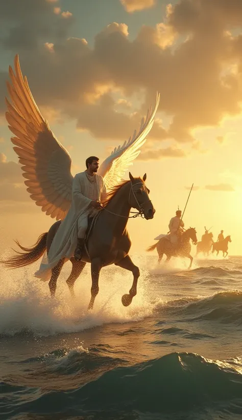  In the middle of the divided sea lane ,  The angel Gabriel on a glowing white horse ,  moving calmly forward . pharaoh,  sitting on a mighty dark horse ,  unaware that his horse was lured to follow Jibril . Behind him, the Egyptian army marched ,  with th...