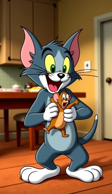 Scene 1 – Tom finally catches Jerry
A cartoon-style image inspired by Tom & Jerry. Tom, a grey anthropomorphic cat with a wide, triumphant grin, is holding Jerry, a small brown mouse, tightly in his hands. Tom's green eyes are wide with excitement, his whi...