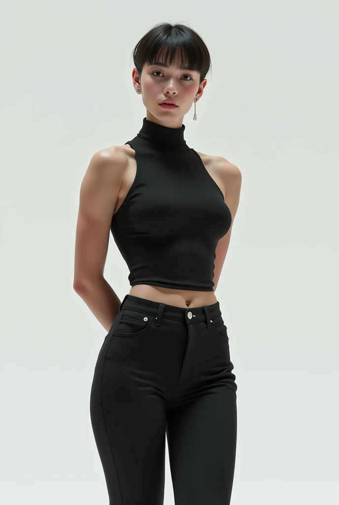 Woman in sleeveless turtleneck, average sized breast, tight pants, slim masculine arms, hands behinf back