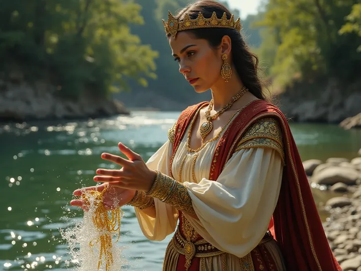 The queen removing a golden bracelet from her wrist and throwing it into the river, her face determined.