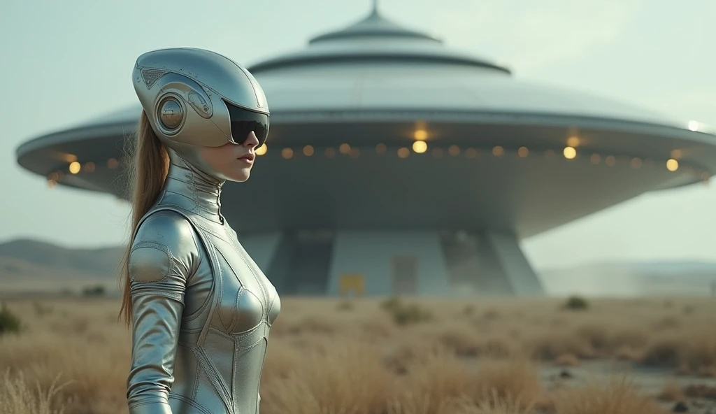 Realistic scene with a young Scandinavian woman in a silver alien suit standing in front of a flying saucer