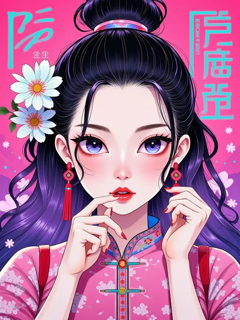 Graphic illustration,  Chinese Women ,  using pink, purple and white ,  bright new pop illustration style, Flat feeling ,  pop art style ,  with southern gothic elements , pipe, vibrant colors, bright, RGB, colorful, (High contrast:1.5), (full body:1.8), m...