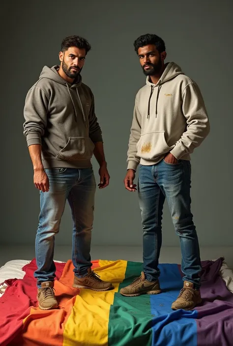 Deux sportifs maghrébins, en jeans, sweat-shirt et Nike boueuses,  piétinent un drapeau LGBT jeté sur le matelas. Les pieds sur le drapeau chiffonné et souillé de boue.