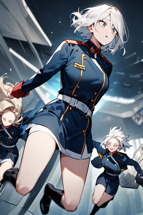  Our Hero Academia 、 girl、Manipulate gravity、She has long white hair and is falling down、Costumes are military uniforms