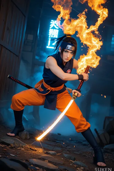 (An epic poster with ninja weapons such as kunai, shuriken, and katana swords stuck in the ground with a dramatic effect),(The background is full of orange and blue lights, creating the impression of an intense battle),(At the top, the text "Naruto Ninja S...