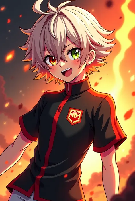 ( oeuvre d&#39;art,    Qualité maximale , meilleure qualité, Art officiel,  magnifique et très très esthétiquement trés menaçant:1.2)  Garçon Inazuma Eleven OC aux cheveux blanc et orange foncé diamant et aux yeux rouge et vert scarlate menaçants.Uniforme ...