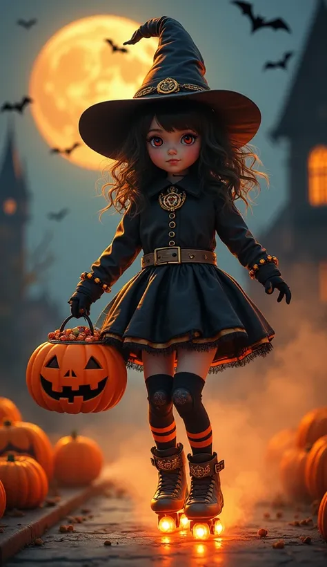 Pretty girl in witch clothes and bright shiny gold ornaments, pretty eyes wearing inline skates with glowing luminous wheels, Pumpkin-shaped basket full of candies hanging in the hand,  gloves and knee pads , Full Moon Church, pumpkins, calaveras, realisti...