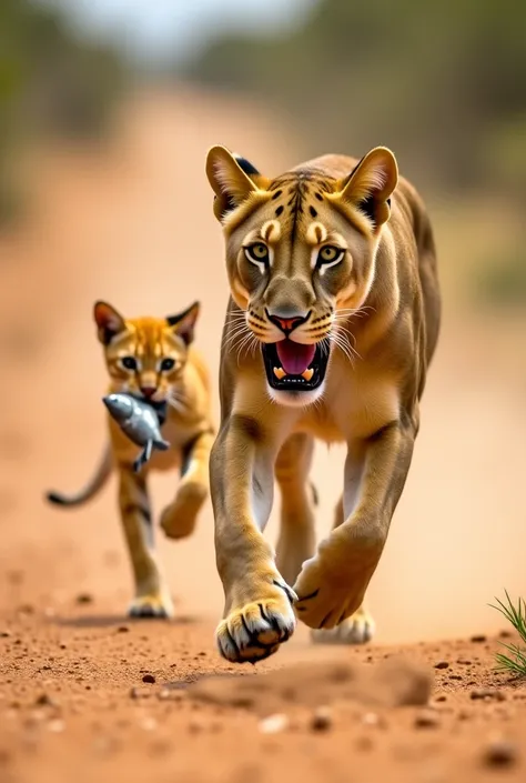 A hungry lion with light brown fur is sprinting like a cat, chasing a mother cat with yellow fur. The mother cat is carrying a fish in her mouth, running frantically on a dirt road. The camera captures the scene from the front, showing the desperate expres...