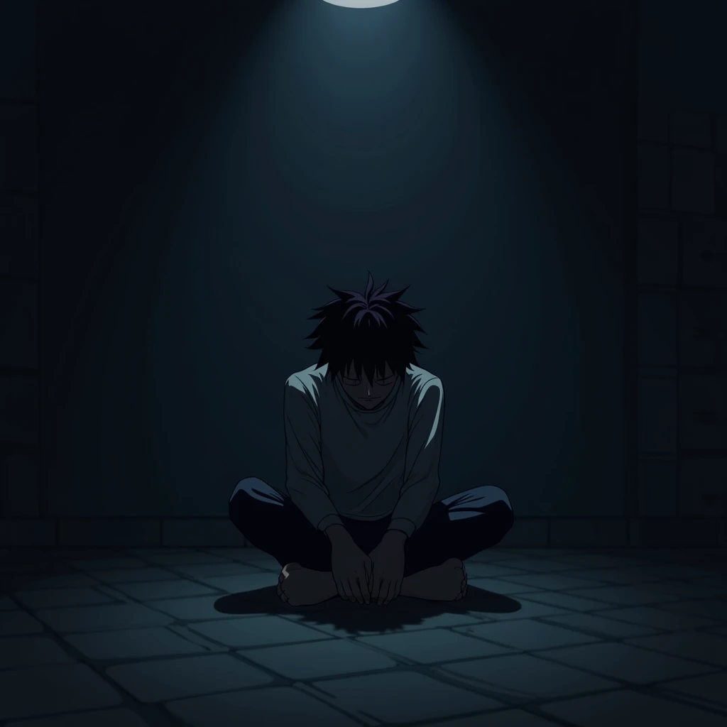 [Anime-Style Lou Sitting Alone in the Dark]
Anime-style Lou sitting on the floor of a dimly lit room, his head resting on his hands, completely exhausted. The weight of a thousand loops and his countless deaths is crushing him.