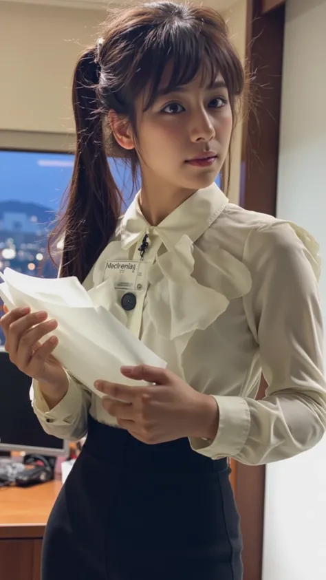 Tokyo Officeで仕事中の20歳代の女性、I'm walking around the office with documents in my arms、Keep your long hair together with hair clips、Wear a white blouse with ruffles、Lower the nameplate from your neck、I'm wearing a tight mermaid-line long skirt、Photorealistic ima...