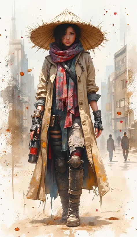 Create watercolour splash art style. A woman wearing a unique straw hat. Covering her eyes because of the large hat. Wearing a shabby scarf. Wearing a shabby long cardigan, gloves and high-tech mecha shoes. Walking in a city that combines apocalyptic and f...