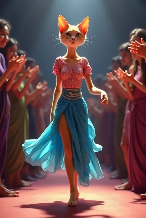 Light orange tall thin cute 🥰 cat wearing fancy sparkling pink blouse blue indian national saree walking on stage in style
 around people are clapping for her