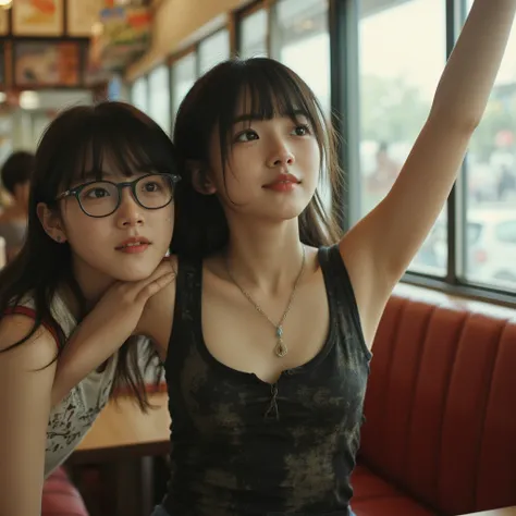 live-action,Elementary school girl, has bangs,Hairstyle with visible ears, worn and dirty black tank top, rough skin,Dirty Skin,dirty white shorts ,barefoot,Inside a fast food restaurant , is laughing,A middle school girl wearing black-rimmed glasses with ...